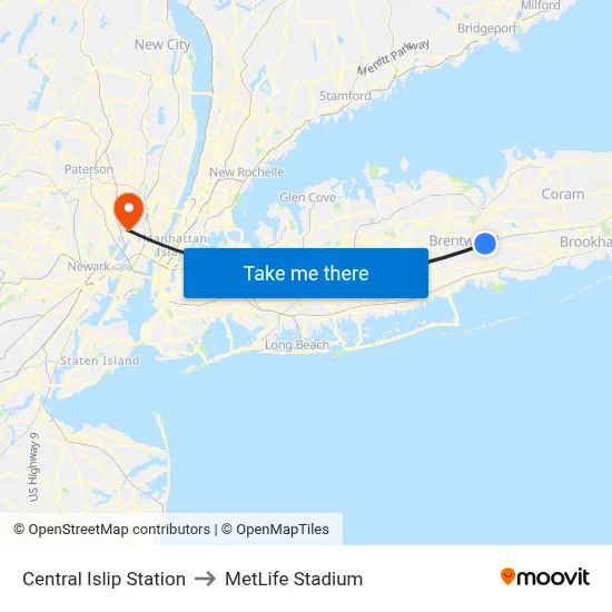 Central Islip Station to MetLife Stadium map