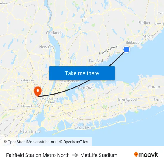 Fairfield Station Metro North to MetLife Stadium map