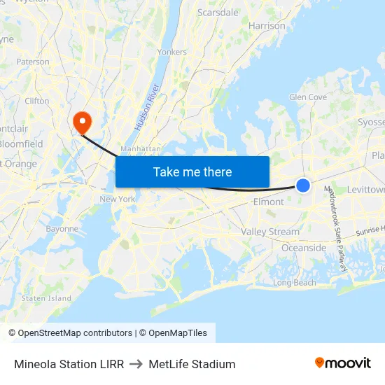 Mineola Station LIRR to MetLife Stadium map