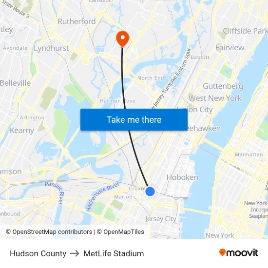 Hudson County to MetLife Stadium map