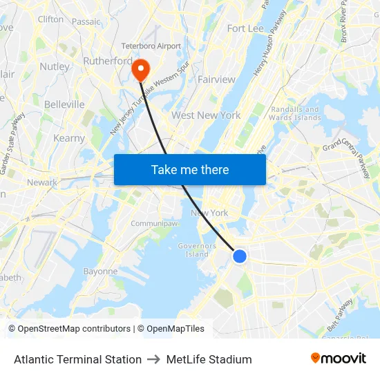 Atlantic Terminal Station to MetLife Stadium map