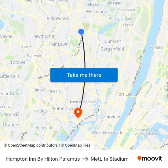 Hampton Inn By Hilton Paramus to MetLife Stadium map