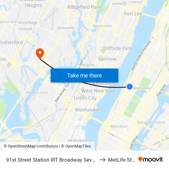 91st Street Station IRT Broadway Seventh Avenue Line to MetLife Stadium map