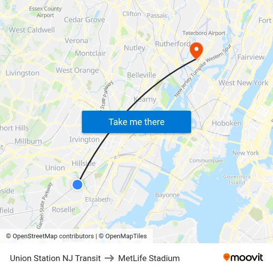 Union Station NJ Transit to MetLife Stadium map