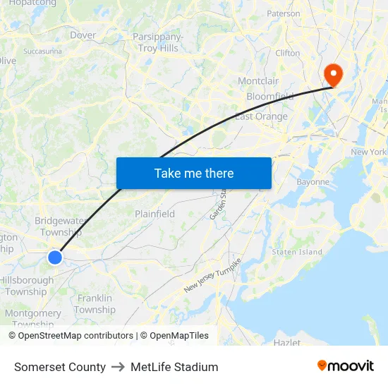 Somerset County to MetLife Stadium map