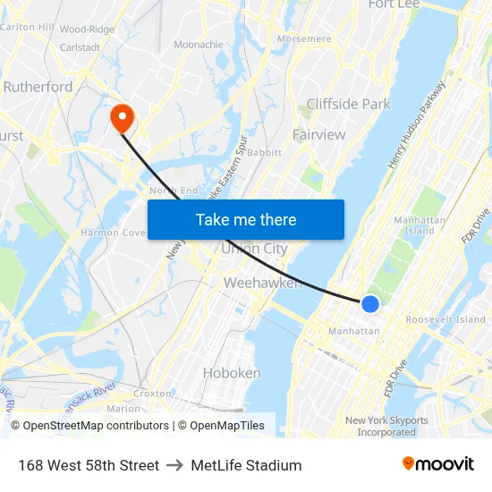 168 West 58th Street to MetLife Stadium map