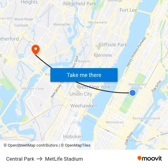 Central Park to MetLife Stadium map