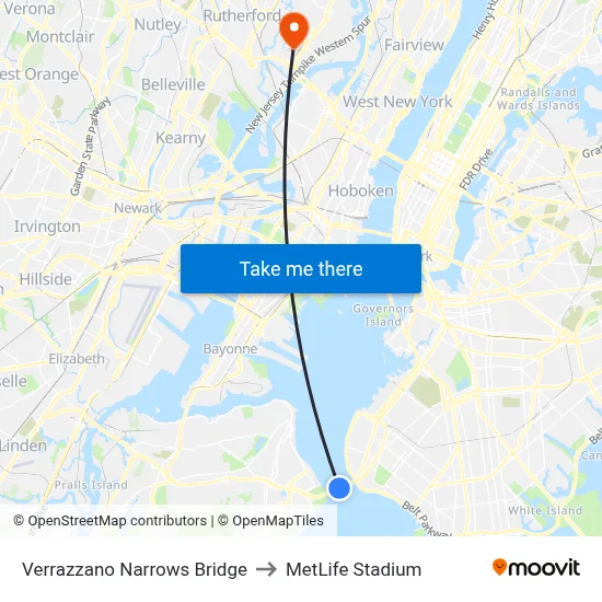 Verrazzano Narrows Bridge to MetLife Stadium map