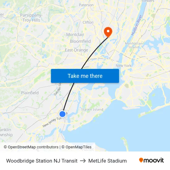 Woodbridge Station NJ Transit to MetLife Stadium map