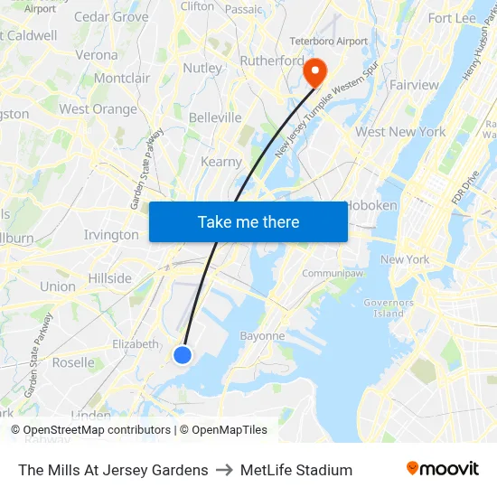The Mills At Jersey Gardens to MetLife Stadium map
