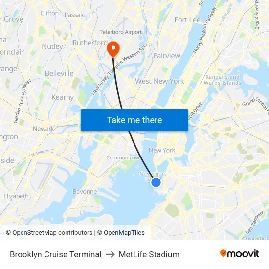 Brooklyn Cruise Terminal to MetLife Stadium map