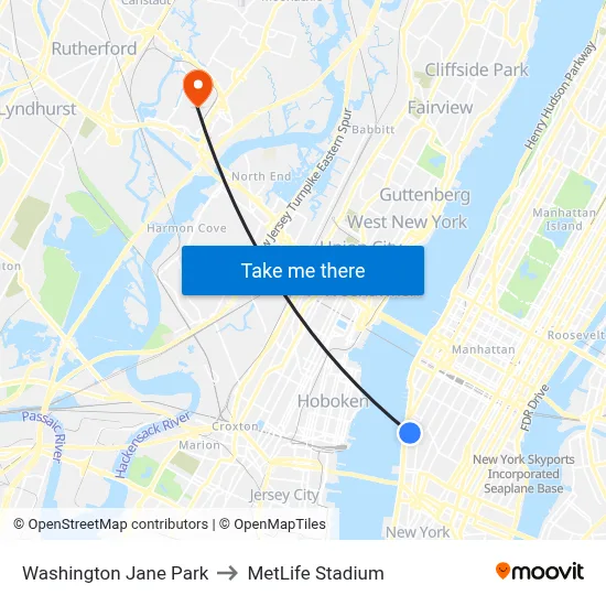 Washington Jane Park to MetLife Stadium map