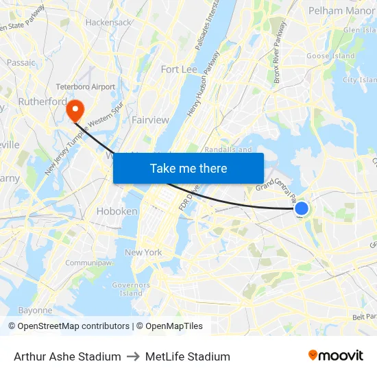 Arthur Ashe Stadium to MetLife Stadium map
