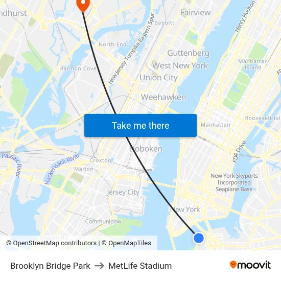 Brooklyn Bridge Park to MetLife Stadium map