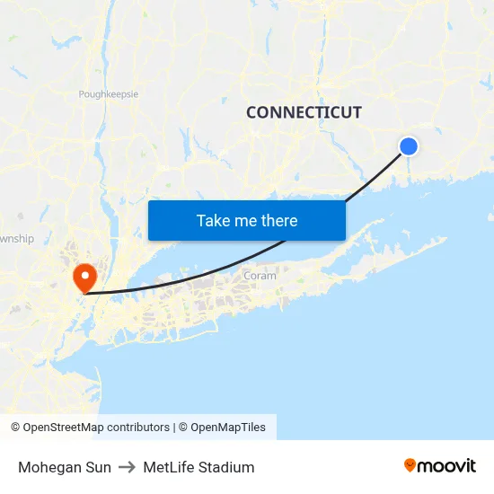 Mohegan Sun to MetLife Stadium map