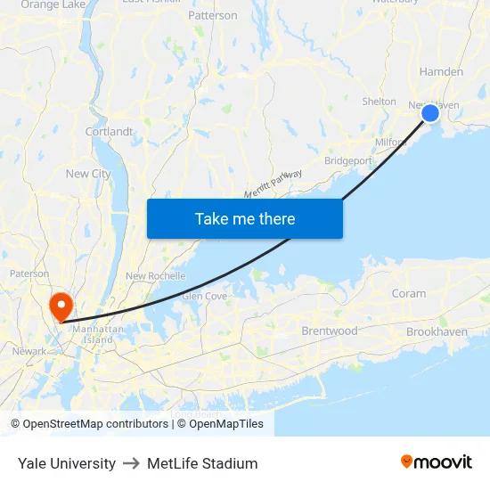 Yale University to MetLife Stadium map