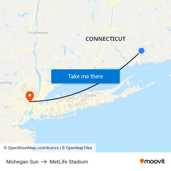 Mohegan Sun to MetLife Stadium map