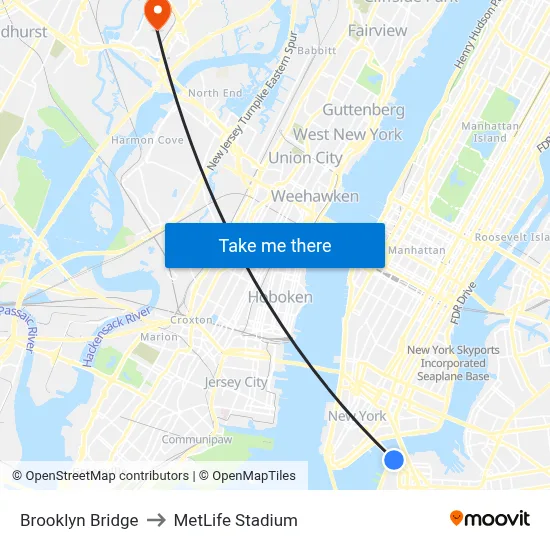 Brooklyn Bridge to MetLife Stadium map