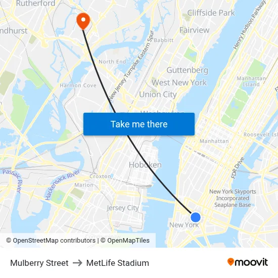 Mulberry Street to MetLife Stadium map