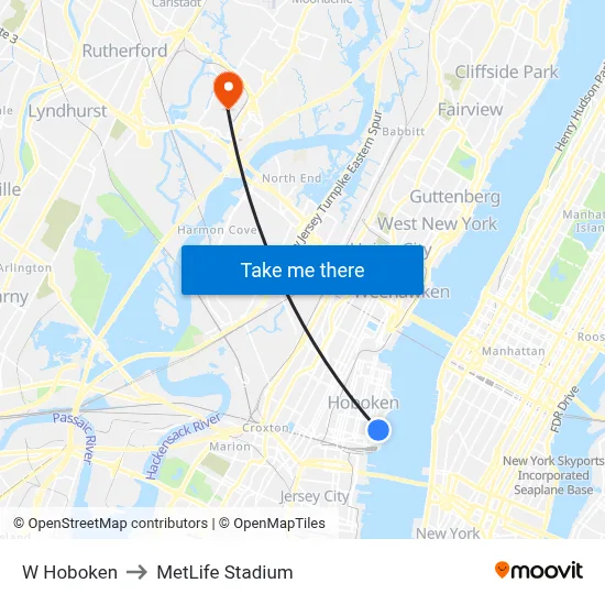 W Hoboken to MetLife Stadium map