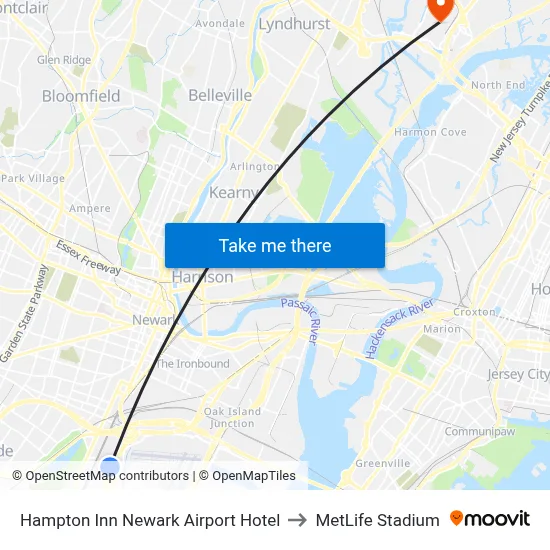 Hampton Inn Newark Airport Hotel to MetLife Stadium map