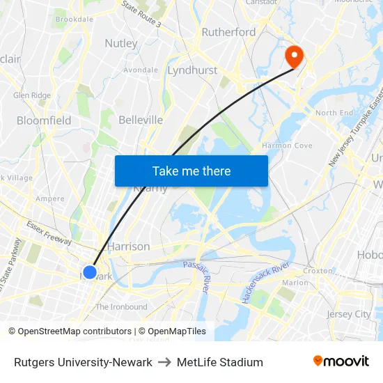 Rutgers University-Newark to MetLife Stadium map