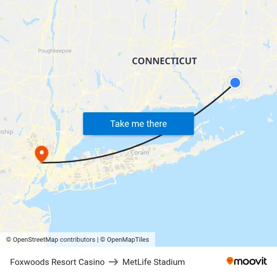 Foxwoods Resort Casino to MetLife Stadium map