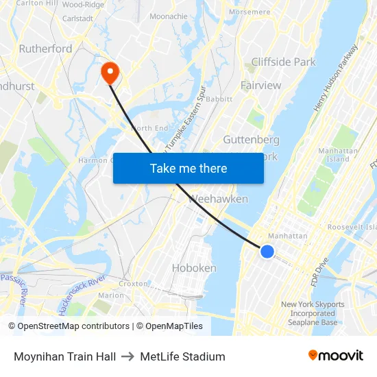 Moynihan Train Hall to MetLife Stadium map