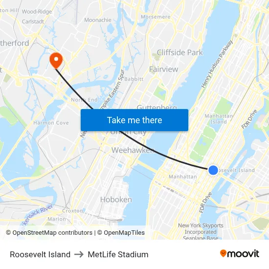 Roosevelt Island to MetLife Stadium map