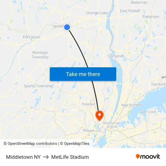 Middletown NY to MetLife Stadium map