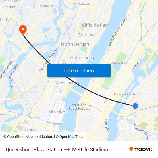 Queensboro Plaza Station to MetLife Stadium map