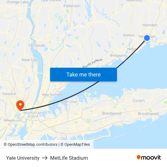 Yale University to MetLife Stadium map