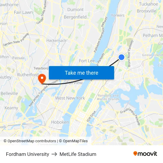 Fordham University to MetLife Stadium map