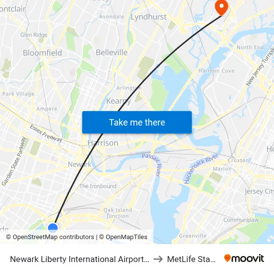 Newark Liberty International Airport Station to MetLife Stadium map