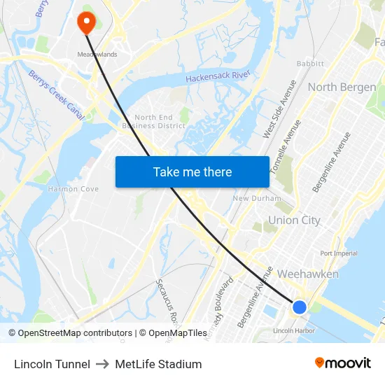 Lincoln Tunnel to MetLife Stadium map