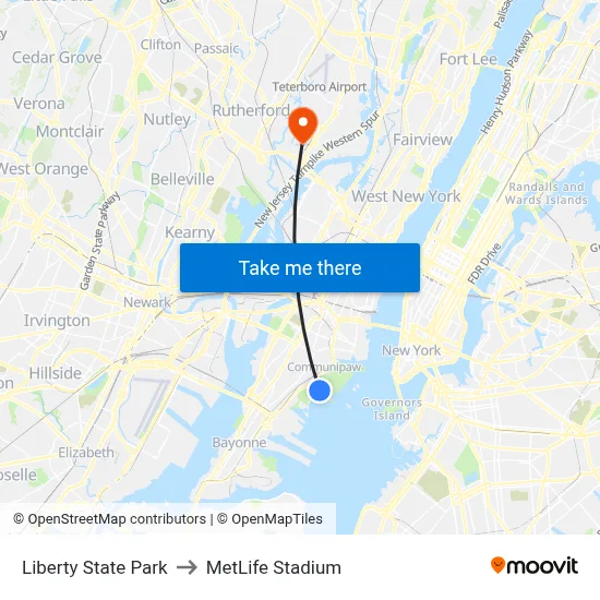 Liberty State Park to MetLife Stadium map