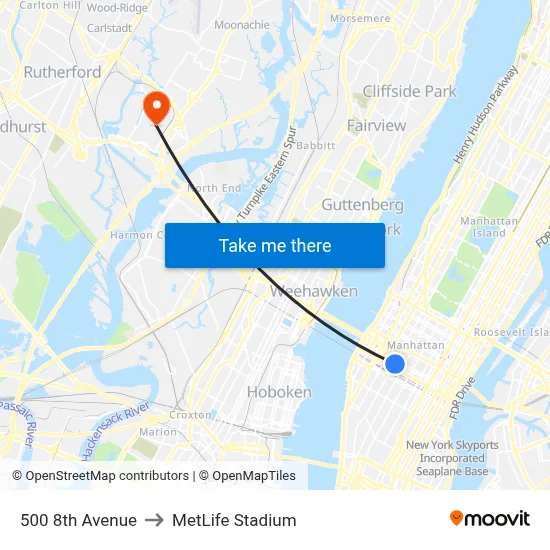 500 8th Avenue to MetLife Stadium map
