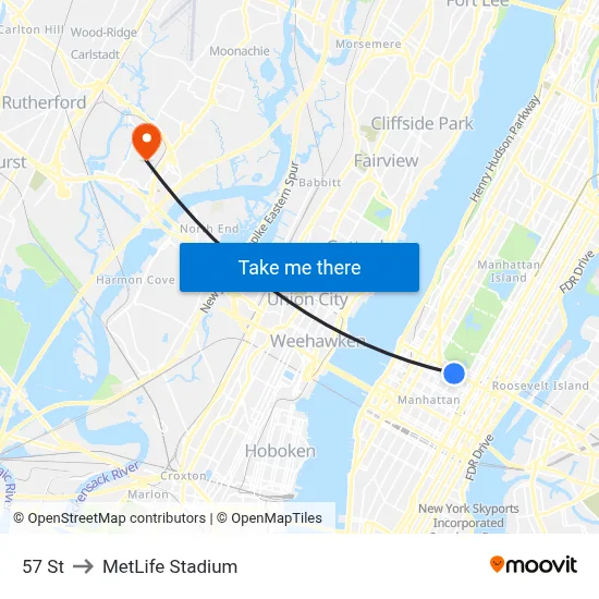 57 St to MetLife Stadium map