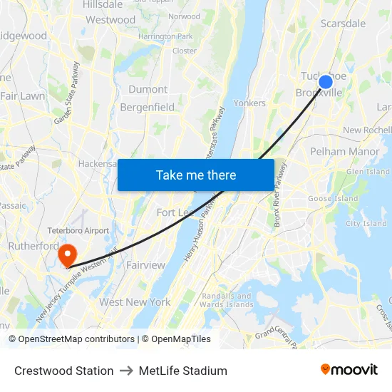 Crestwood Station to MetLife Stadium map