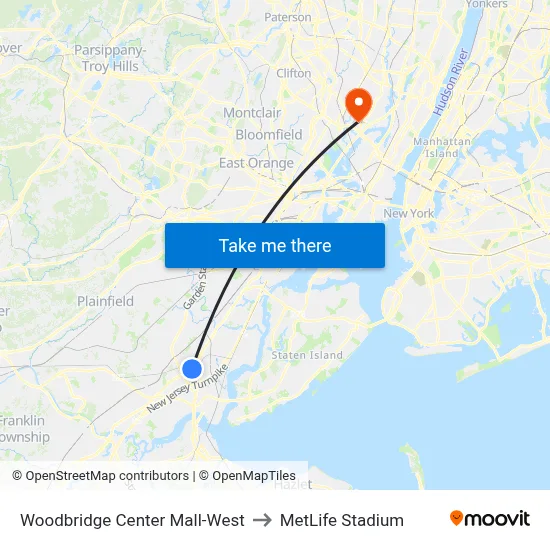 Woodbridge Center Mall-West to MetLife Stadium map