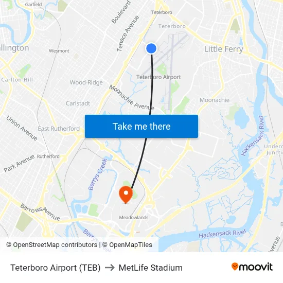 Teterboro Airport (TEB) to MetLife Stadium map