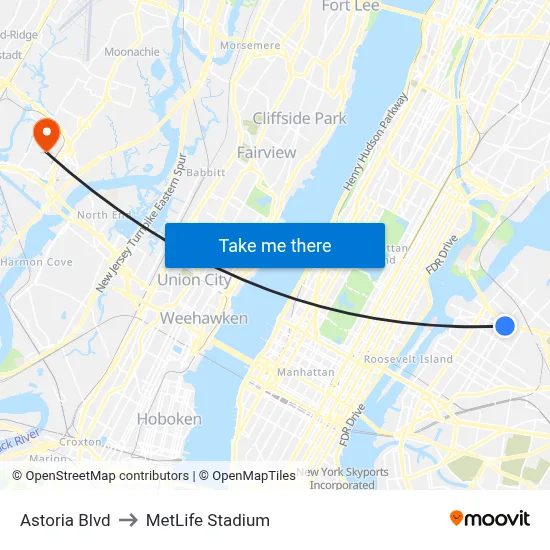 Astoria Blvd to MetLife Stadium map