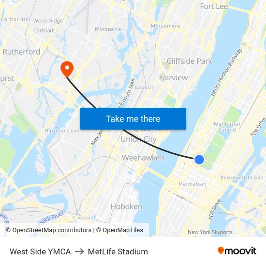 West Side YMCA to MetLife Stadium map