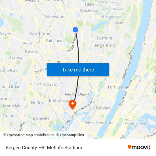 Bergen County to MetLife Stadium map