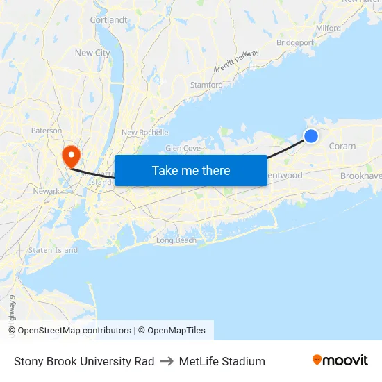 Stony Brook University Rad to MetLife Stadium map