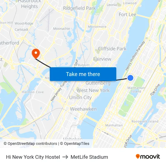 Hi New York City Hostel to MetLife Stadium map