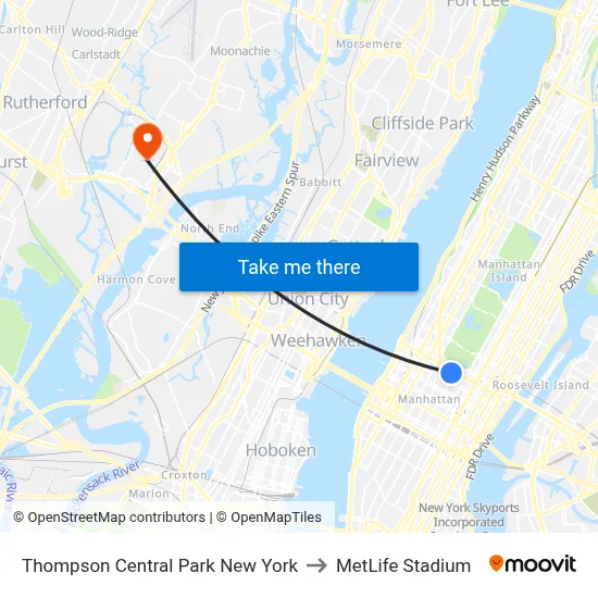 Thompson Central Park New York to MetLife Stadium map