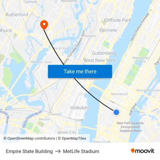 Empire State Building to MetLife Stadium map
