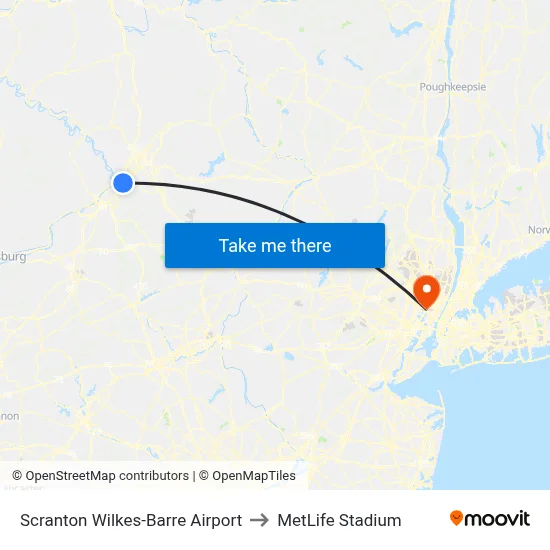 Scranton Wilkes-Barre Airport to MetLife Stadium map