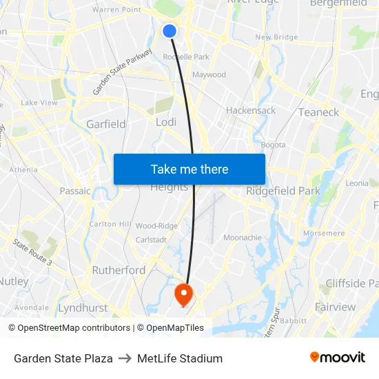Garden State Plaza to MetLife Stadium map